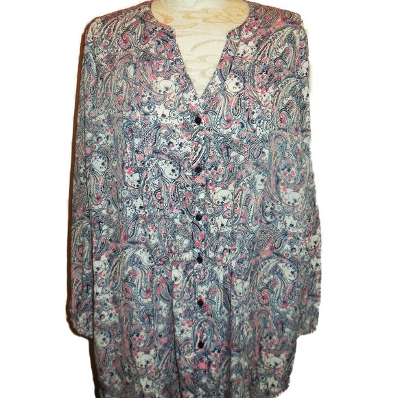 Blouse button-down 14W shirt Paisley Print Crepe relaxed top long sleeve - Picture 1 of 9